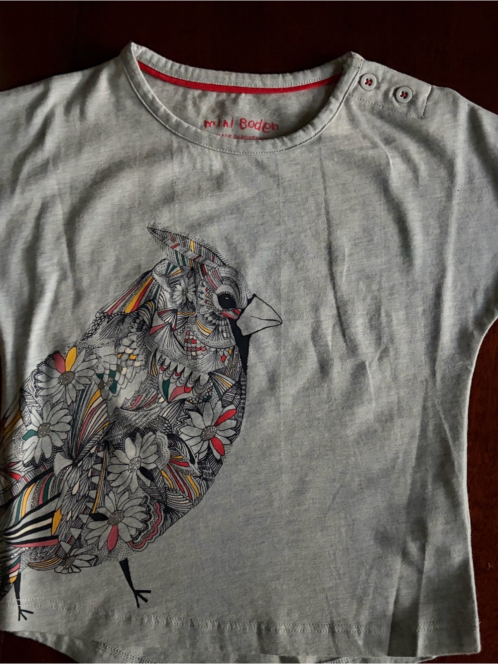 Mini Boden Grey Tee with Colorful Floral Bird Graphic